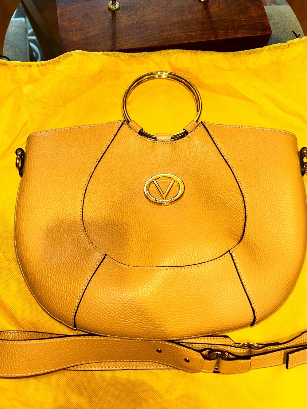 Valentino Yellow Pebbled Leather Ring-Handle Shoulder Bag